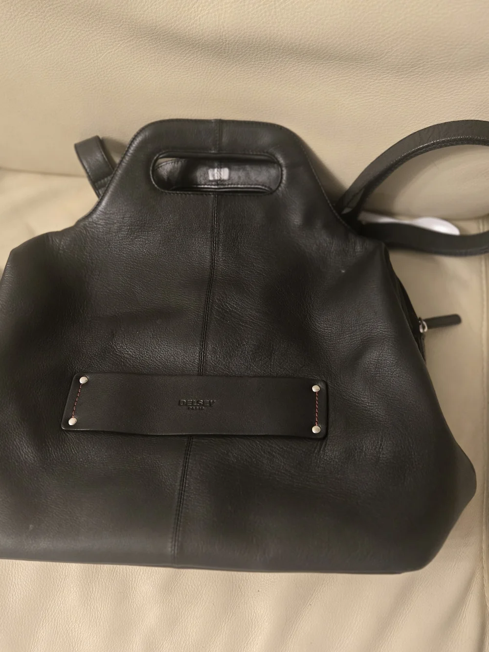 Structured Black Leather Tote with Cutout Handle